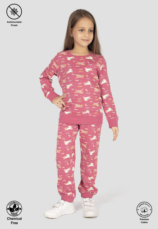 Tresnova Cotton Knit Full Sleeves Antimicrobial Finish Unicorn Printed Coordinating T-shirt And Joggers Set-Rosepink