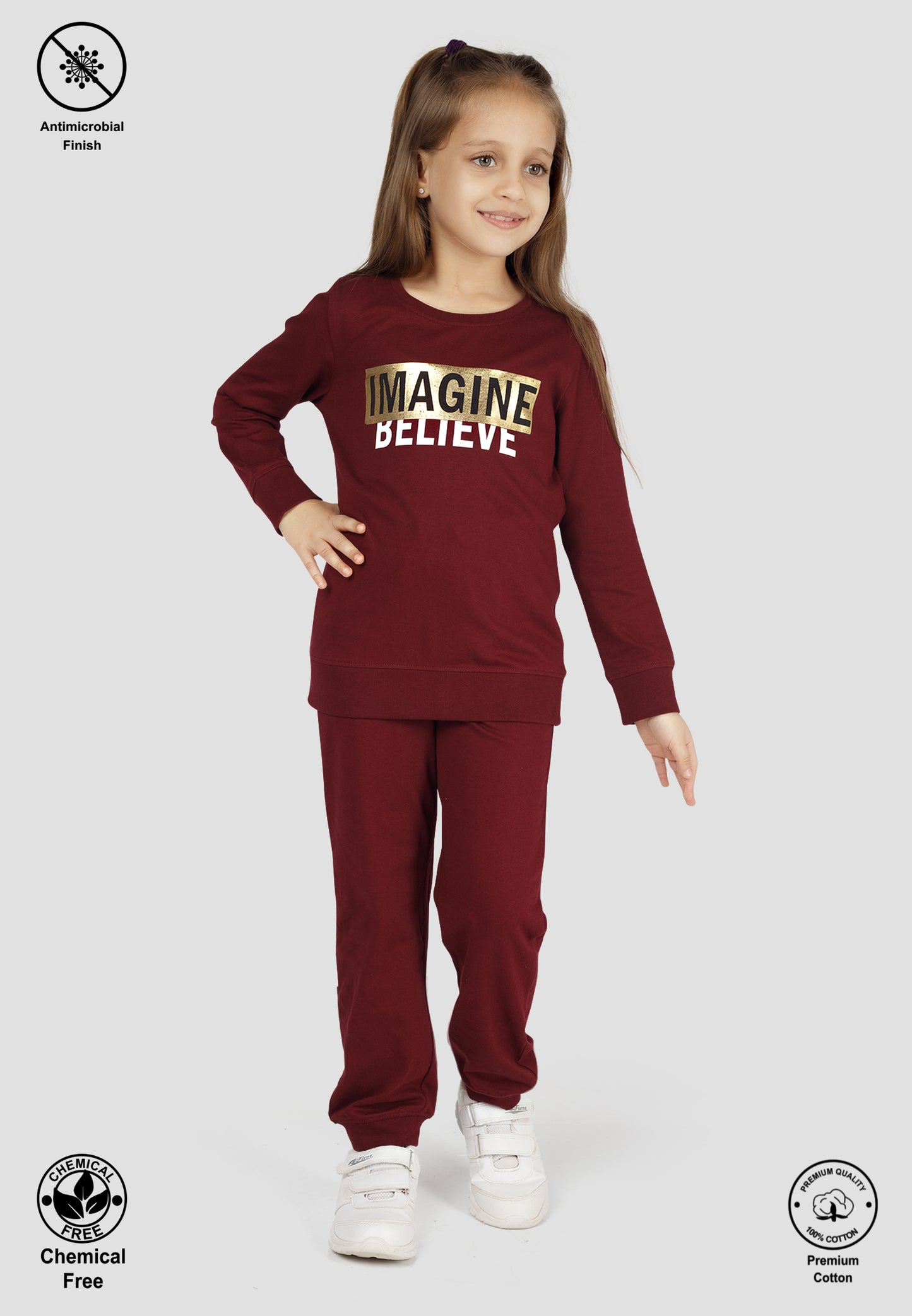 Tresnova Cotton Knit Full Sleeves Antimicrobial Finish Text Printed Coordinating T-shirt And Joggers Set-Burgundy