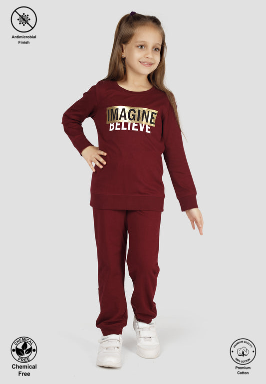Tresnova Cotton Knit Full Sleeves Antimicrobial Finish Text Printed Coordinating T-shirt And Joggers Set-Burgundy