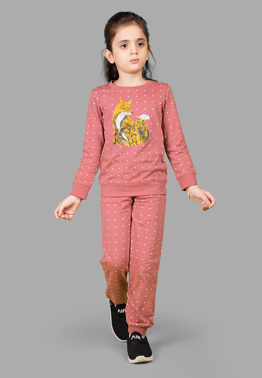 Tresnova Cotton Knit Full Sleeves Antimicrobial Finish Fox Printed Coordinating T-shirt And Joggers Set-Salmon Pink