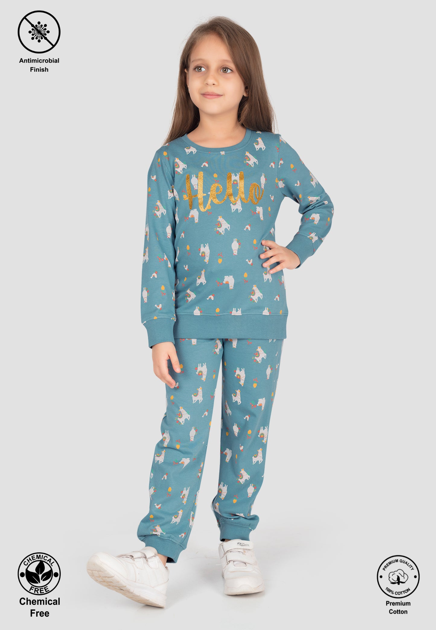 Tresnova Cotton Knit Full Sleeves Antimicrobial Finish Animal Printed Coordinating T-shirt And Joggers Set-Tealblue