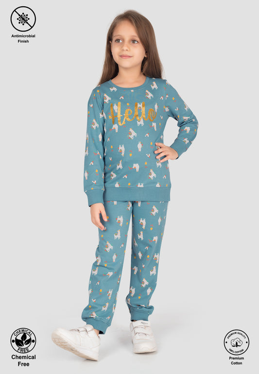 Tresnova Cotton Knit Full Sleeves Antimicrobial Finish Animal Printed Coordinating T-shirt And Joggers Set-Tealblue