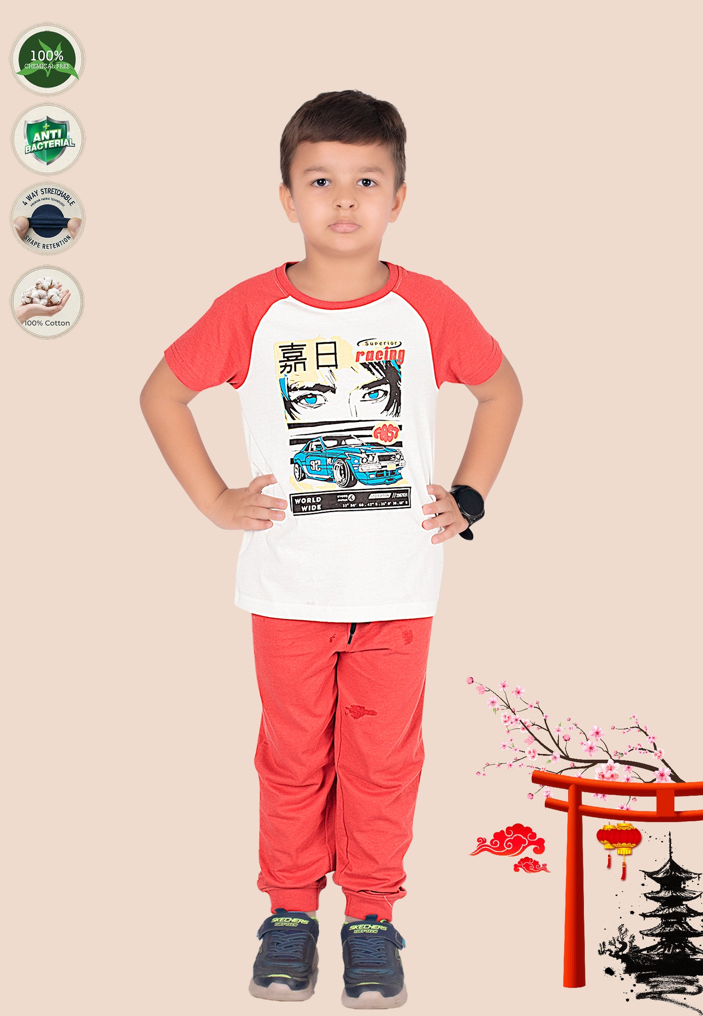 Tresnova Cotton Knit Half Sleeves Antimicrobial Finish Japan Printed Coordinating T-shirt And Joggers Set-Orange