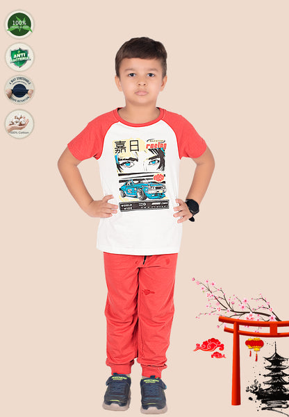 Tresnova Cotton Knit Half Sleeves Antimicrobial Finish Japan Printed Coordinating T-shirt And Joggers Set-Orange