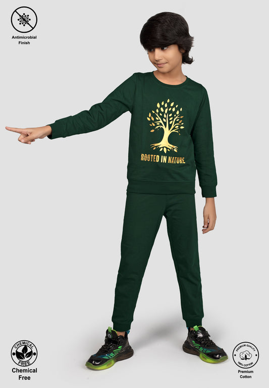 Kantara Tresnova Cotton Knit Full Sleeves Antimicrobial Finish Root Printed Coordinating T-shirt And Joggers Set-Green