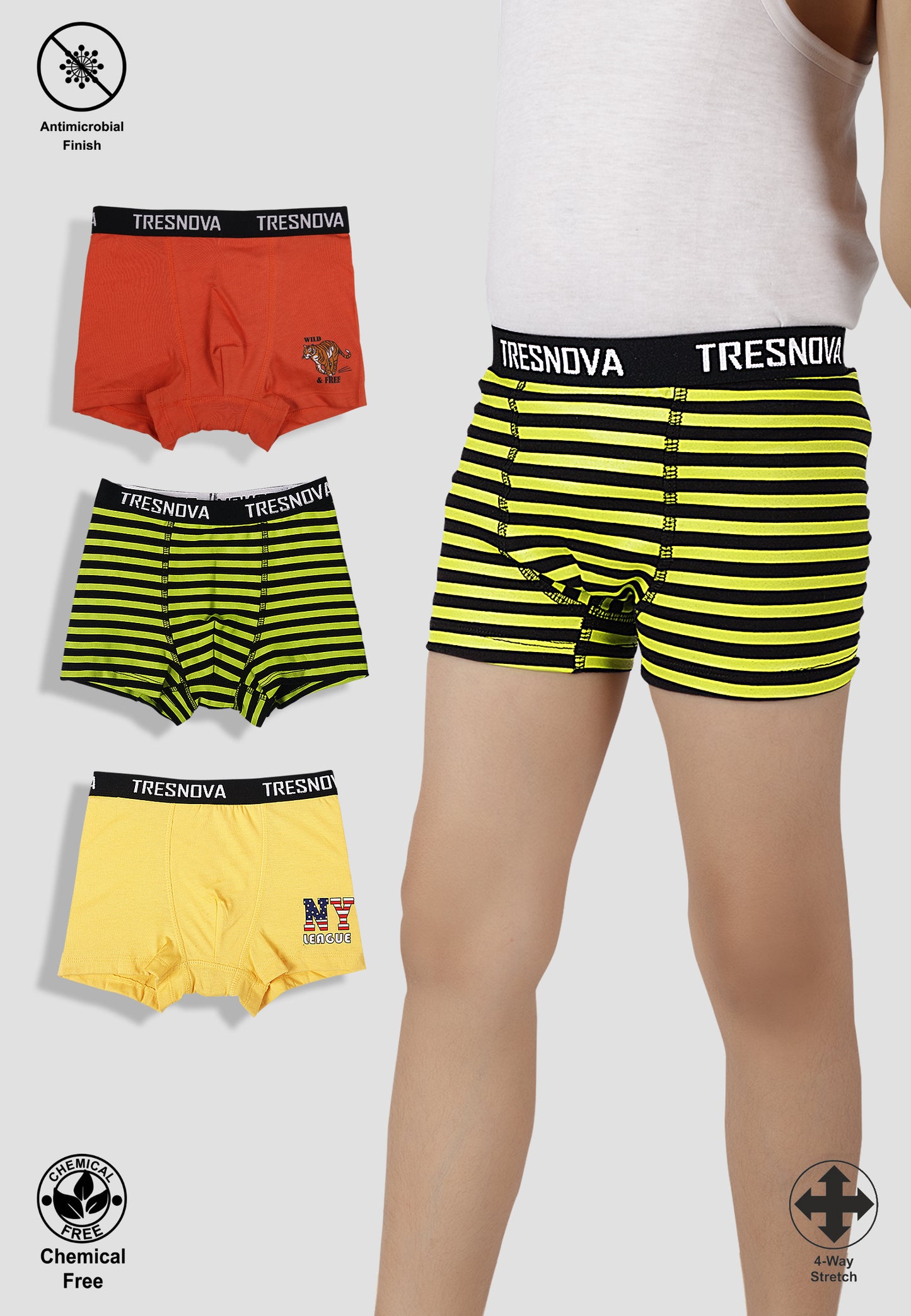 TRESNOVA Cotton Anti-microbial Finish & Smart Waistband Technology Striper Printed Soft Boxer Briefs Pack of 3 - Orange Yellow & Black
