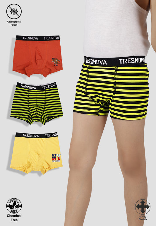 TRESNOVA Cotton Anti-microbial Finish & Smart Waistband Technology Striper Printed Soft Boxer Briefs Pack of 3 - Orange Yellow & Black