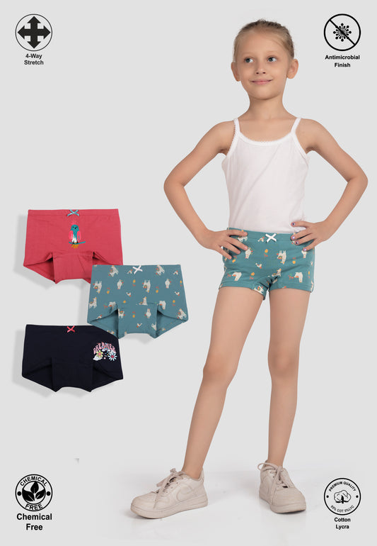 TRESNOVA Cotton Lycra Anti-microbial Finish & Smart Waistband Technology Floral Printed Soft Boxer Panties Pack of 3 -Tealblue Navyblue & Rosepink