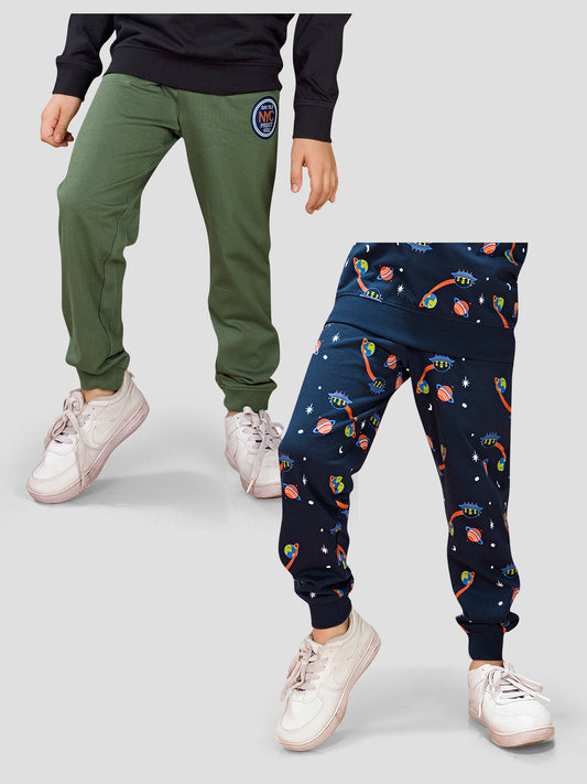 Tresnova Cotton Knit Full Sleeves Antimicrobial Finish Space Printed Jogger Track Pants ( Pack of 2)- Navy Blue, Olive Green