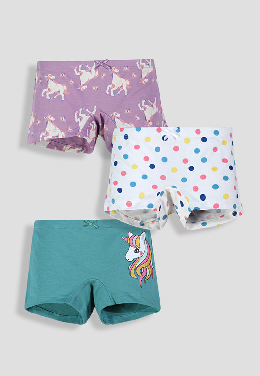 Girls’ Soft Unicorn Print Cotton Lycra Boxer Briefs/Panties | Kids Underwear with Anti-Microbial Finish & Smart Waistband Technology - Pack of 3