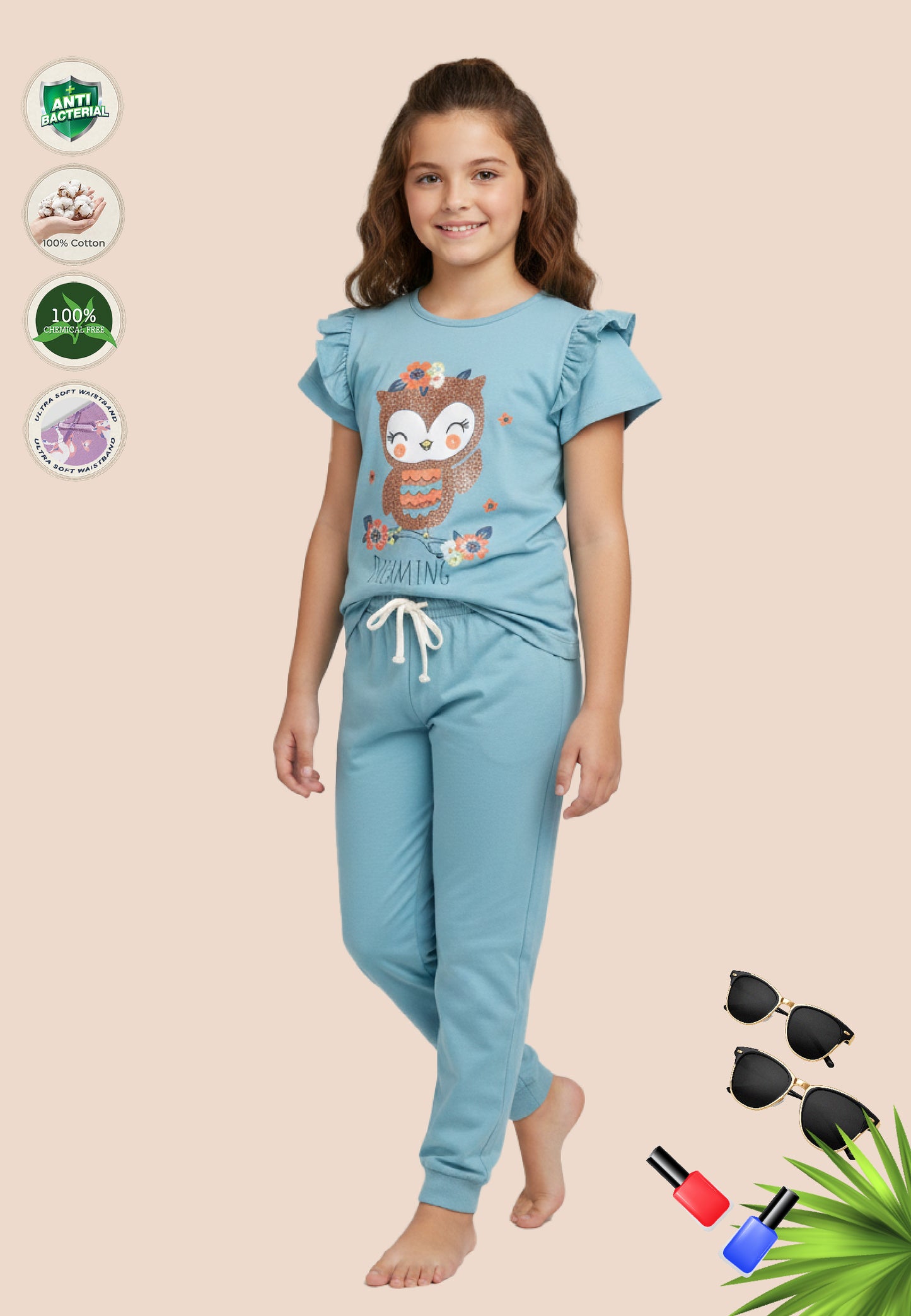 Tresnova Cotton Knit Half Sleeves Antimicrobial Finish Owl Printed Coordinating T-shirt And Joggers Set-Tealblue