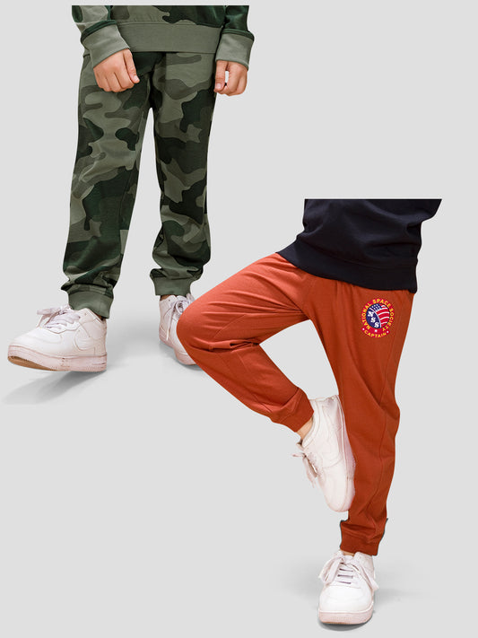 Tresnova Cotton Knit Full Sleeves Antimicrobial Finish Camouflage Printed Jogger Track Pants ( Pack of 2)-Olive Green, Orange