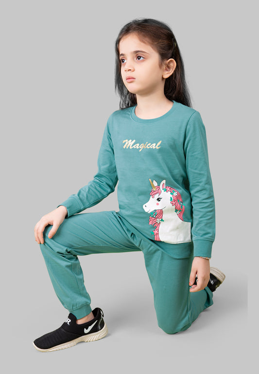 Tresnova Cotton Knit Full Sleeves Antimicrobial Finish Unicorn Printed Coordinating T-shirt And Joggers Set-Teal Blue