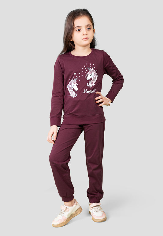 Tresnova Cotton Knit Full Sleeves Antimicrobial Finish Unicorn Printed Coordinating T-shirt And Joggers Set-Burgundy