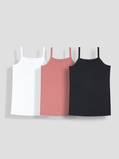 Girls Solid Camisoles/Vest Tops –Soft Cotton Lycra Kids' Undershirts with Anti-Microbial Finish & advanced ergonomic armhole technology - Pack of 3