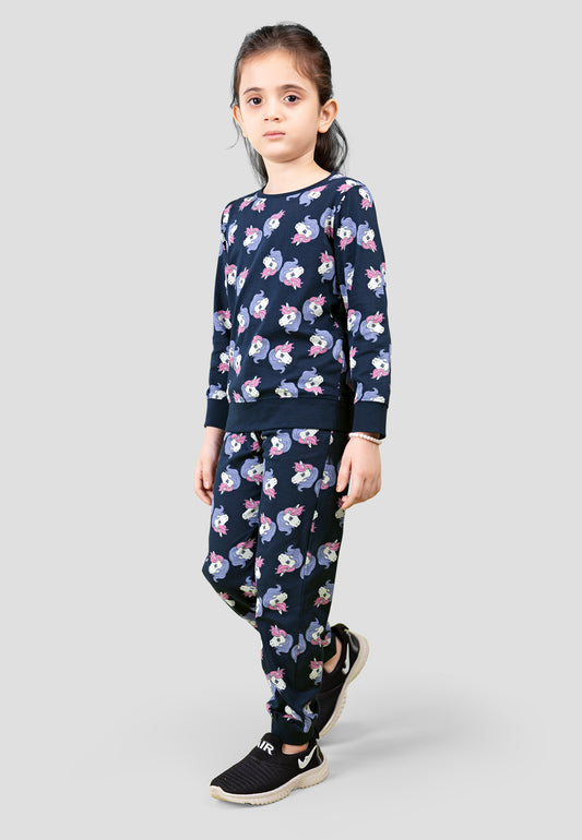 Tresnova Cotton Knit Full Sleeves Antimicrobial Finish Unicorn Printed Coordinating T-shirt And Joggers Set-Navy Blue