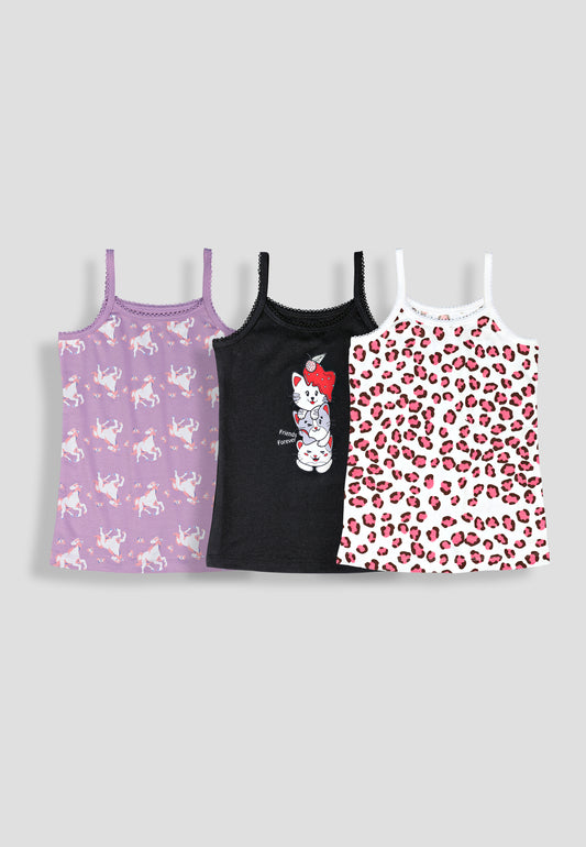 Girls Leopard Print Camisoles/Vest Top – Soft, Anti-Microbial Cotton Lycra  Underwear for Kids - Pack of 3
