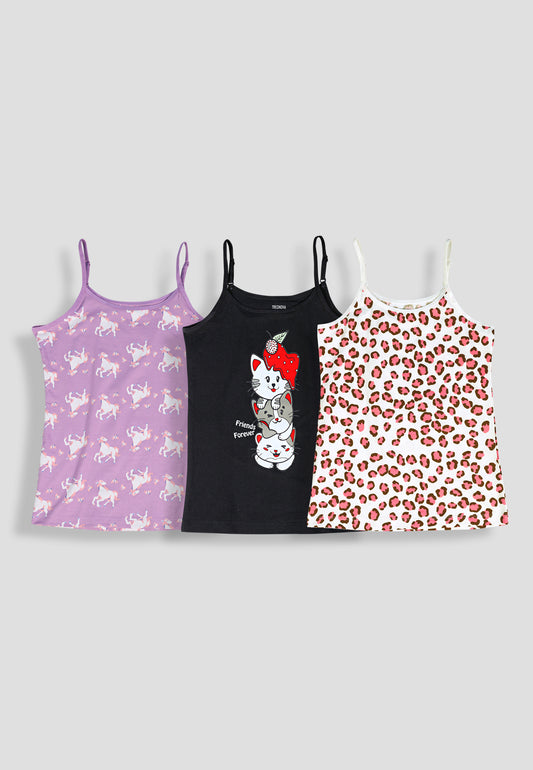 Girls Leopard Print Camisoles/Vest Top – Soft, Anti-Microbial Cotton Lycra Underwear for Kids - Pack-of-3