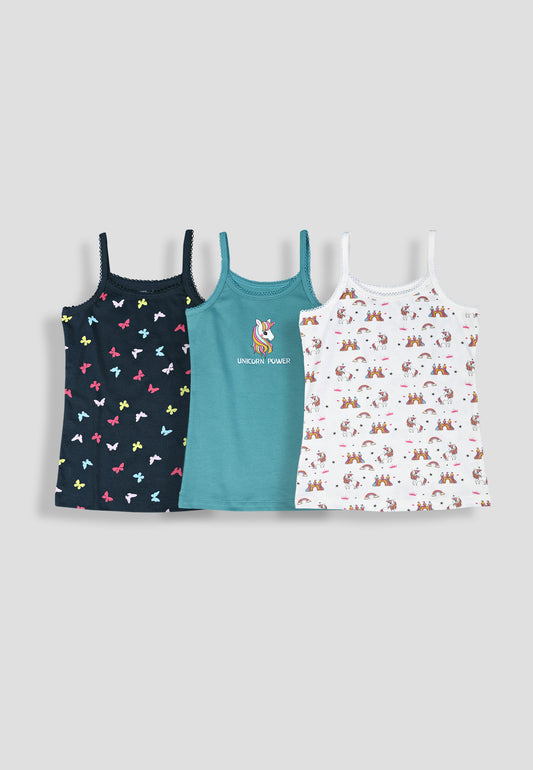 Girls Unicorn Print Camisoles/Vest Tops –Soft Cotton Lycra Kids' Undershirts with Anti-Microbial Finish & advanced ergonomic armhole technology - Pack of 3