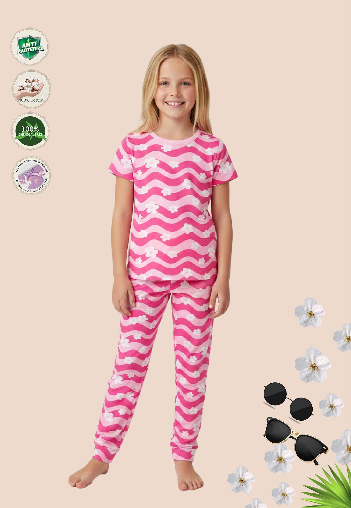 Tresnova Cotton Knit Half Sleeves Antimicrobial Finish Floral Printed Coordinating T-shirt And Joggers Set-Pink