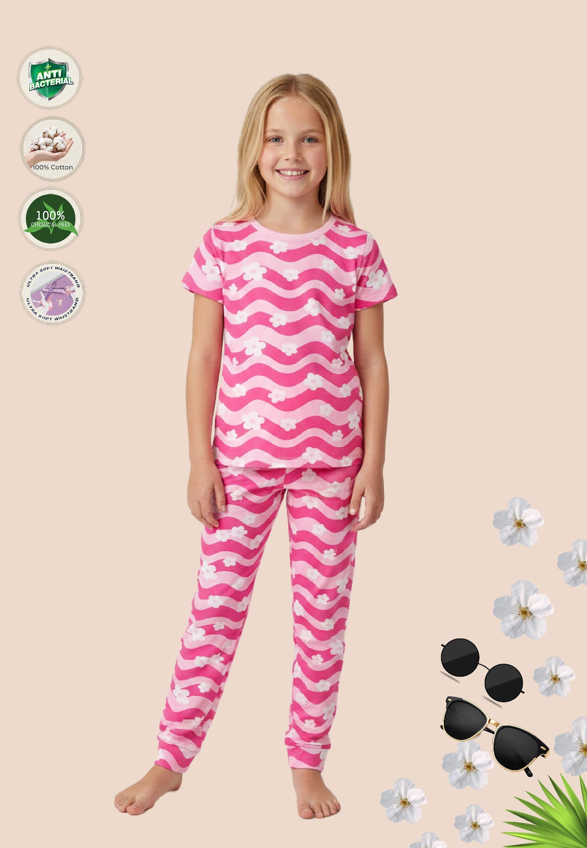 Soft Cotton Pyjama Set for Girls ( 1 Set) |  Anti-Bacterial Chemical Free Nightwear | Ages 2-16Y