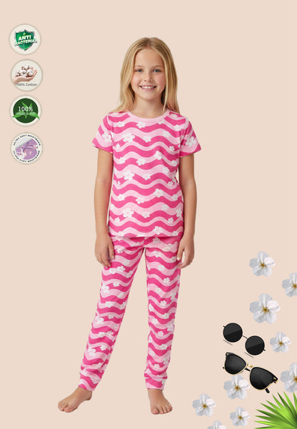Tresnova Cotton Knit Half Sleeves Antimicrobial Finish Floral Printed Coordinating T-shirt And Joggers Set-Pink