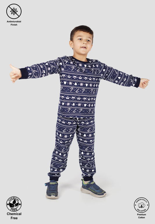 Tresnova Cotton Knit Full Sleeves Antimicrobial Finish Animal Printed Coordinating T-shirt And Joggers Set-Navyblue
