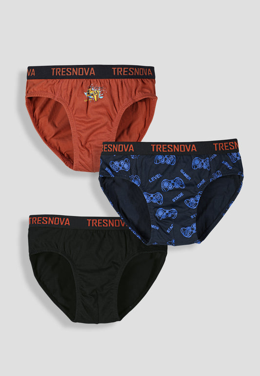 Boys’ Soft Game Print Cotton Briefs | Kids Underwear with Anti-Microbial Finish & Smart Waistband Technology - Pack of 3
