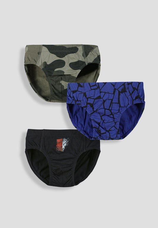 Boys’ Soft Camouflage Print Cotton Briefs | Kids Underwear with Anti-Microbial Finish & Smart Waistband Technology - Pack of 3