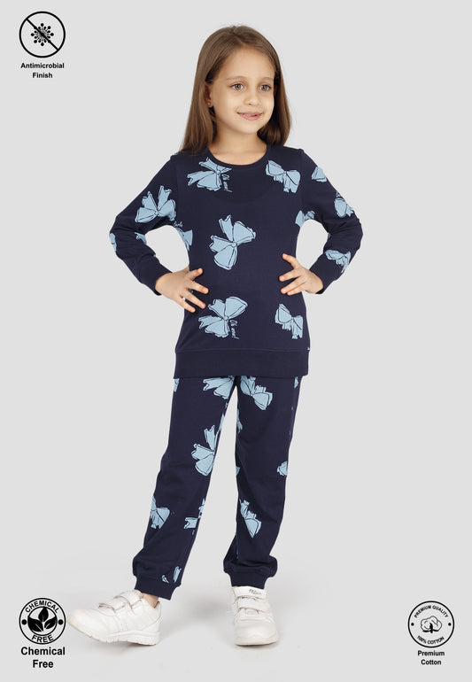 Tresnova Cotton Knit Full Sleeves Antimicrobial Finish Bow Printed Coordinating T-shirt And Joggers Set-Navyblue