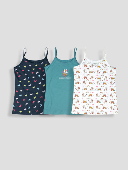 Girls Unicorn Print Camisoles/Vest Tops – Soft Cotton Lycra Kids' Undershirts with Anti-Microbial Finish & advanced ergonomic armhole technology - Pack-of-3