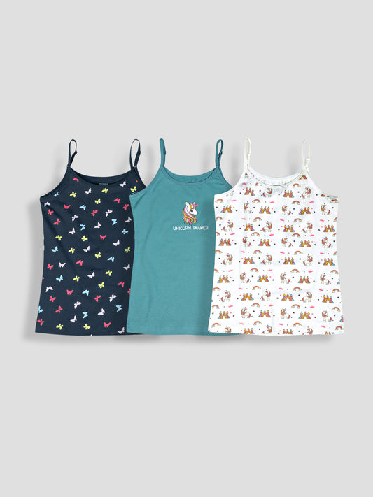 Girls Unicorn Print Camisoles/Vest Tops – Soft Cotton Lycra Kids' Undershirts with Anti-Microbial Finish & advanced ergonomic armhole technology - Pack-of-3