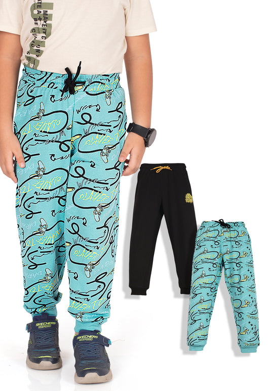 Tresnova Cotton Knit Full Sleeves Antimicrobial Finish Game Printed Jogger Track Pants ( Pack of 2)-Tealblue, Black