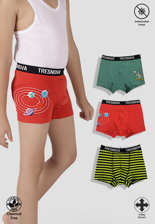 TRESNOVA Cotton Anti-microbial Finish & Smart Waistband Technology Space Printed Soft Boxer Briefs Pack of 3 - Black Green & Orange