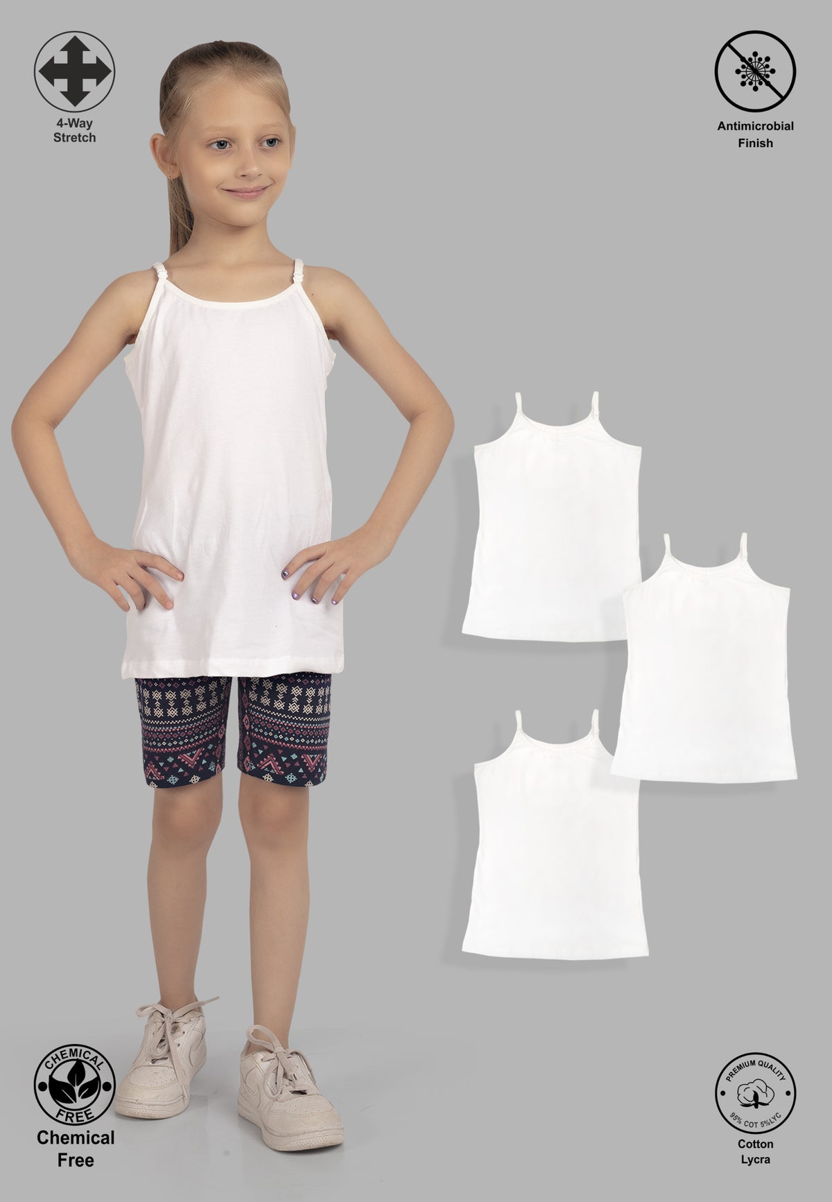 Soft Cotton Camisoles for Girls ( Pack of 3) |  Anti-Bacterial Chemical Free Kids Underwear | Ages 2-16Y