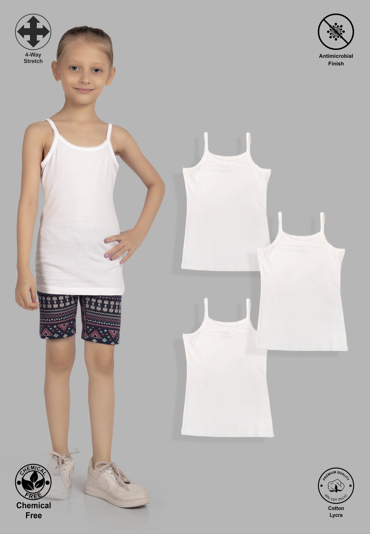 Soft Cotton Camisoles for Girls ( Pack of 3) |  Anti-Bacterial Chemical Free Kids Underwear | Ages 2-16Y