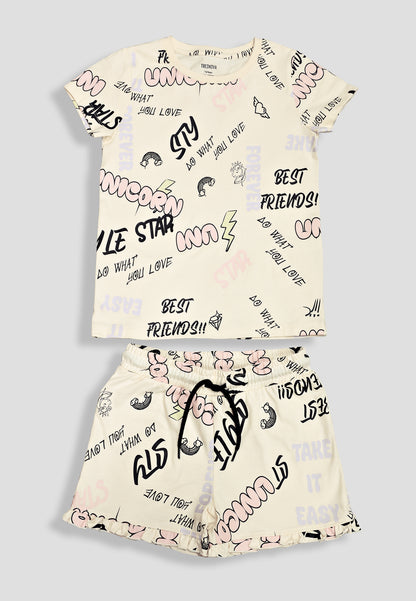 Girls' Graffiti Print Nightsuit – Soft, Anti-Microbial Cotton Co-ords | Pyjama Shorts Set for Kids