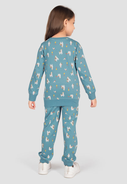 Tresnova Cotton Knit Full Sleeves Antimicrobial Finish Animal Printed Coordinating T-shirt And Joggers Set-Tealblue