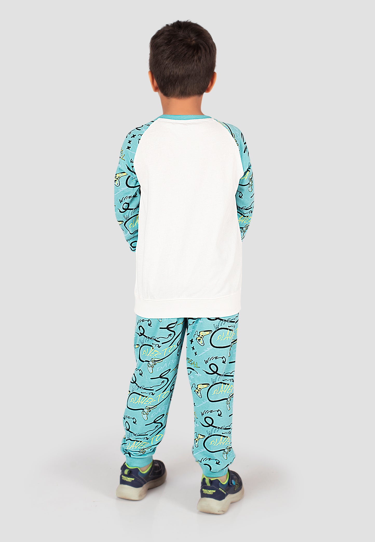Tresnova Cotton Knit Full Sleeves Antimicrobial Finish Game Printed Coordinating T-shirt And Joggers Set-Offwhite