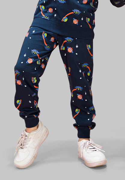 Tresnova Cotton Knit Full Sleeves Antimicrobial Finish Space Printed Jogger Track Pants ( Pack of 2)- Navy Blue, Olive Green
