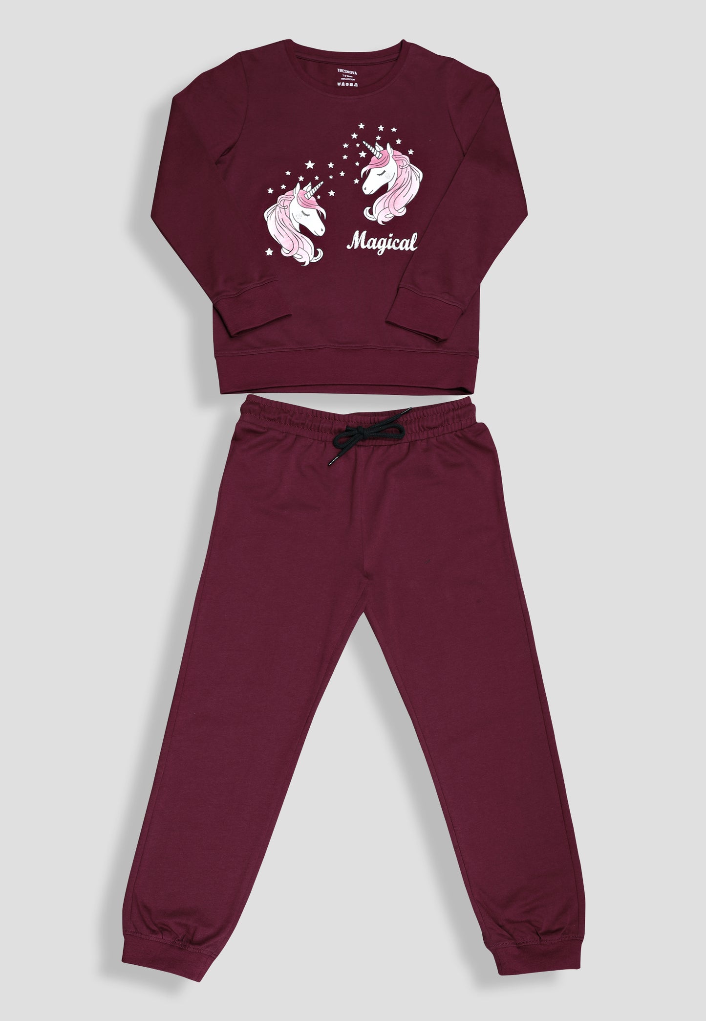 Tresnova Cotton Knit Full Sleeves Antimicrobial Finish Unicorn Printed Coordinating T-shirt And Joggers Set-Burgundy