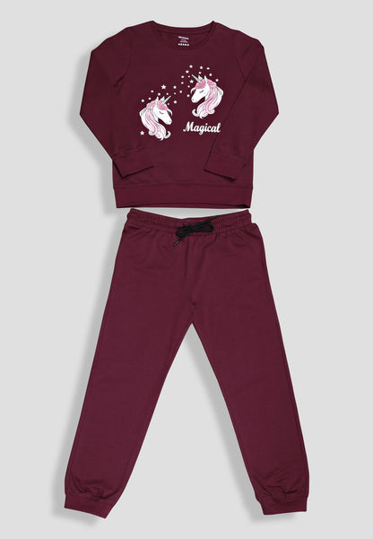 Tresnova Cotton Knit Full Sleeves Antimicrobial Finish Unicorn Printed Coordinating T-shirt And Joggers Set-Burgundy
