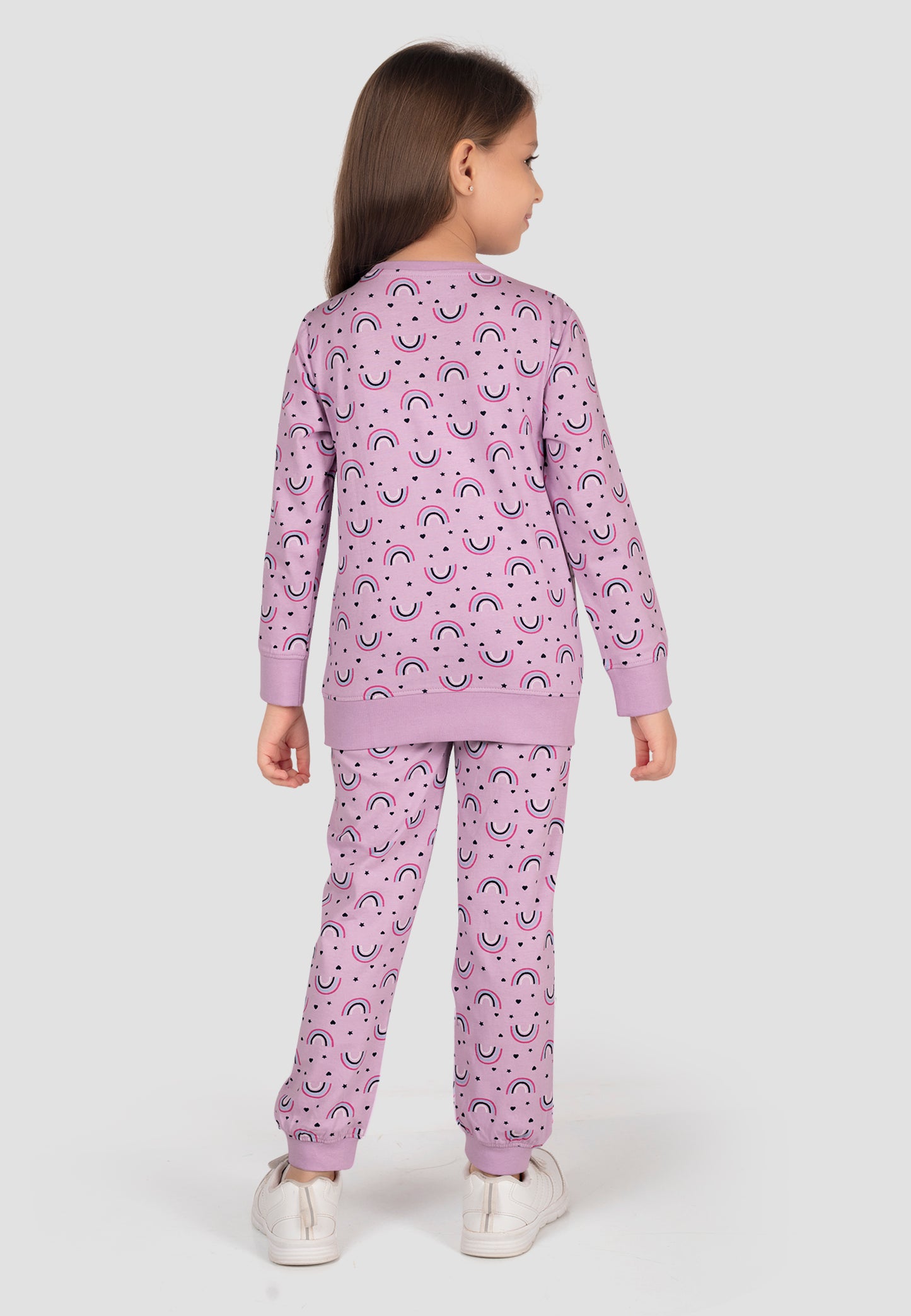 Tresnova Cotton Knit Full Sleeves Antimicrobial Finish Rainbow Printed Coordinating T-shirt And Joggers Set-Purple