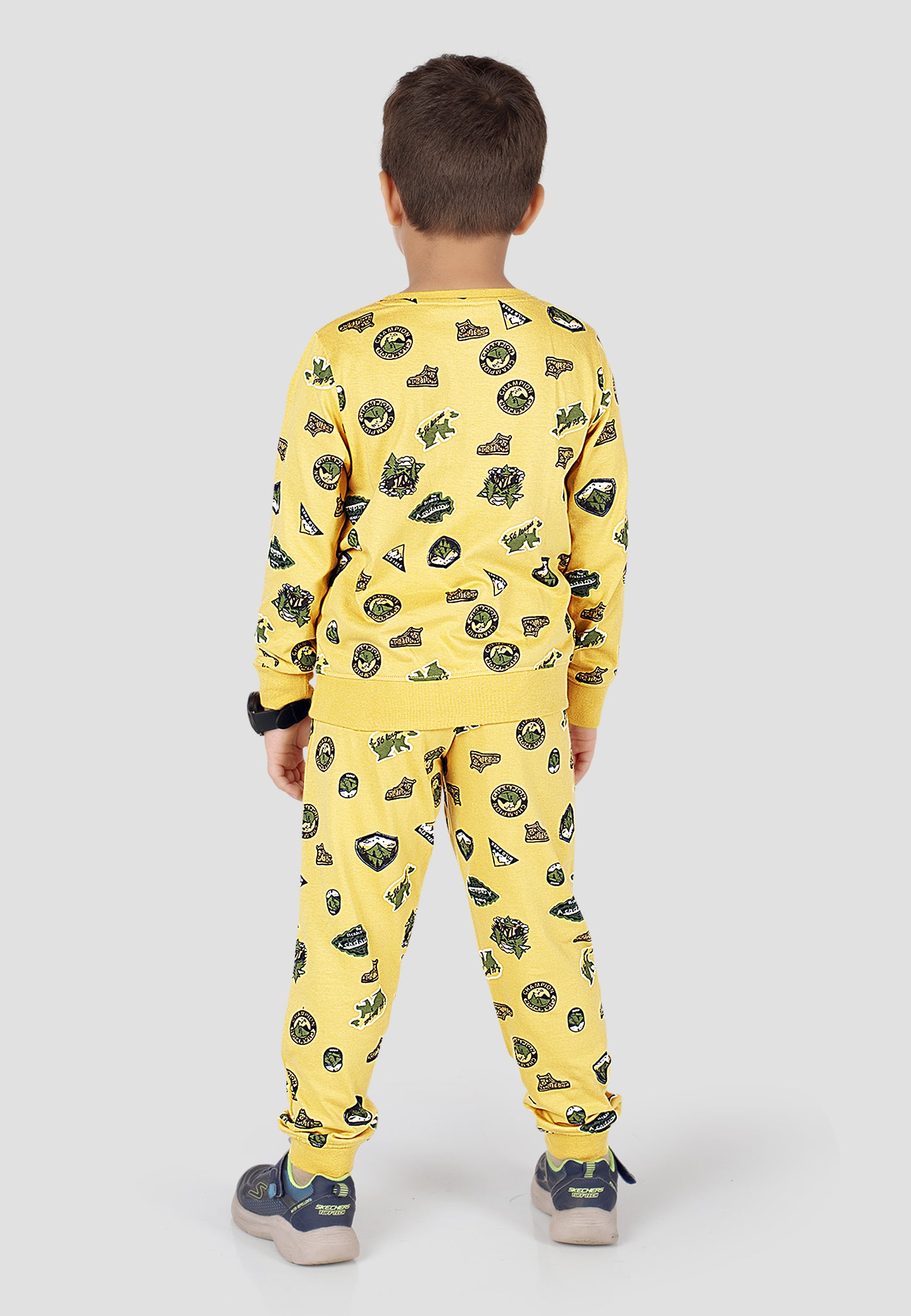 Tresnova Cotton Knit Full Sleeves Antimicrobial Finish Jungle Printed Coordinating T-shirt And Joggers Set-Yellow