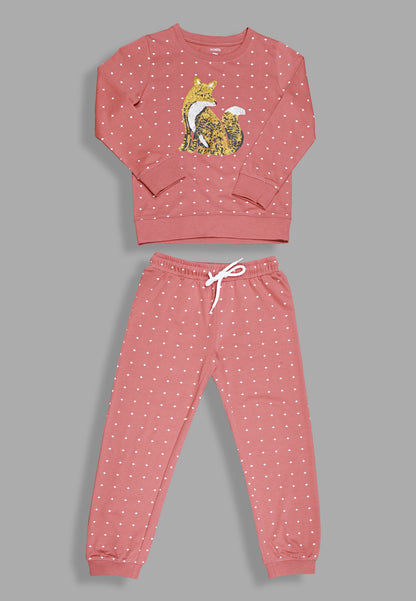 Tresnova Cotton Knit Full Sleeves Antimicrobial Finish Fox Printed Coordinating T-shirt And Joggers Set-Salmon Pink