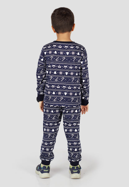 Tresnova Cotton Knit Full Sleeves Antimicrobial Finish Animal Printed Coordinating T-shirt And Joggers Set-Navyblue
