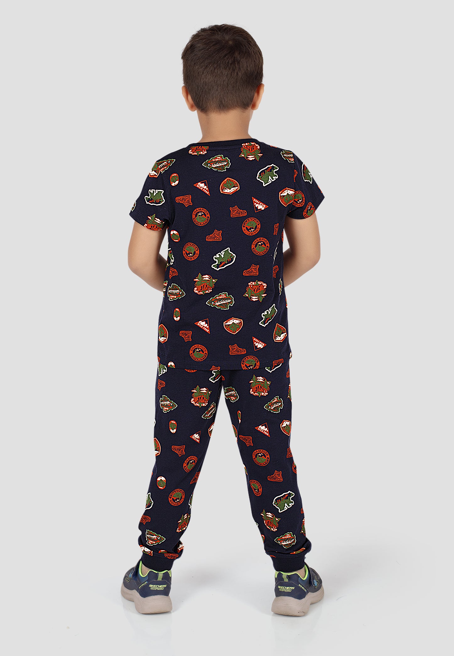 Tresnova Cotton Knit Half Sleeves Antimicrobial Finish Jungle Printed Coordinating T-shirt And Joggers Set-Navy Blue