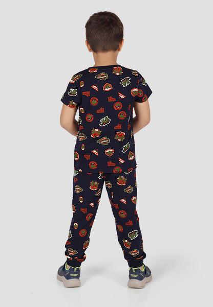 Tresnova Cotton Knit Half Sleeves Antimicrobial Finish Jungle Printed Coordinating T-shirt And Joggers Set-Navy Blue