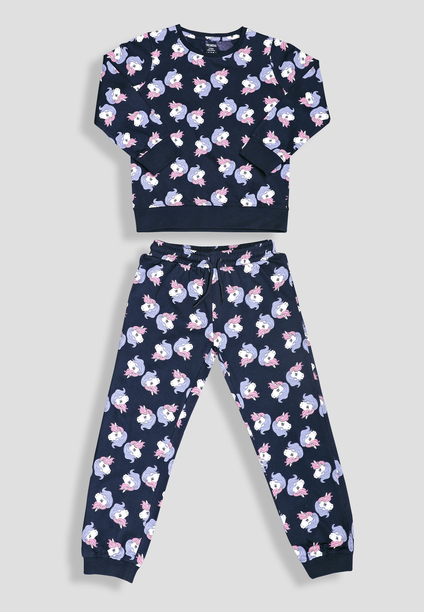 Tresnova Cotton Knit Full Sleeves Antimicrobial Finish Unicorn Printed Coordinating T-shirt And Joggers Set-Navy Blue