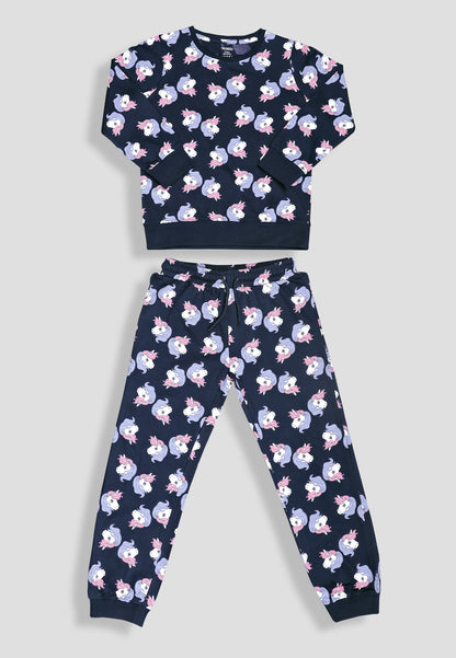 Tresnova Cotton Knit Full Sleeves Antimicrobial Finish Unicorn Printed Coordinating T-shirt And Joggers Set-Navy Blue